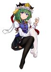  1girl :t asymmetrical_legwear black_skirt black_thighhighs blue_eyes blue_hat blue_vest blush closed_mouth commentary_request epaulettes extra_digits frilled_hat frills full_body green_hair han_tan_wen_xiang hat highres long_sleeves looking_at_viewer mismatched_legwear ribbon-trimmed_skirt ribbon_trim shiki_eiki shirt simple_background skirt solo thighhighs touhou vest white_background white_shirt white_thighhighs 