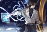  1boy belt black_hair black_undershirt coat cryptography enigma_(reverse:1999) facing_away hair_tie highres holding outstretched_arm pants reverse:1999 shirt solo suiro36 white_shirt yellow_eyes 