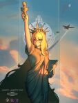 aircraft airplane fighter_jet helldivers_(series) highres holding holding_torch military_vehicle statue statue_of_liberty torch xanran 