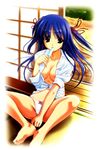  artist_request barefoot blue_eyes blue_hair bow bow_panties breasts cleavage copyright_request dress_shirt food leaning legs long_hair medium_breasts no_pants one_side_up open_clothes open_shirt panties popsicle shirt sitting sleeves_rolled_up solo underwear white_panties 