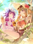  2girls :q absurdres alternate_costume bikini black_hair blue_eyes blue_flower breasts brown-tinted_eyewear closed_mouth columbina_(genshin_impact) commentary cup day dress drinking_glass eyewear_on_head fingernails flower food genshin_impact goggles hair_flower hair_ornament hands_up hat highres holding holding_cup holding_food holding_ice_cream holding_ice_cream_cone ice_cream ice_cream_cone long_hair long_sidelocks looking_at_another medium_breasts multicolored_hair multiple_girls nail_polish open_mouth outdoors pink_flower pponnya purple_eyes purple_hair red_bikini red_nails sandrone_(genshin_impact) sidelocks sitting stomach sunglasses swim_goggles swimsuit teapot tinted_eyewear tongue tongue_out twitter_username untranslatable_commentary unusually_open_eyes white_dress white_hat wide_brim 