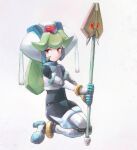  1girl armor byte_(grunty-hag1) commentary_request forehead_jewel full_body green_hair helmet holding holding_staff mega_man_(series) mega_man_zx model_w_(mega_man) pandora_(mega_man) red_eyes simple_background solo staff white_armor white_background white_helmet 
