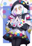 1girl absurdres almira_valkyrie beret black_hat black_jacket black_pantyhose blue_background border bow closed_mouth collared_shirt colored_tips contrast_collar cowboy_shot hair_bow hat heterochromia highres holding holding_umbrella jacket jacket_partially_removed jogasaki_noah long_hair long_sleeves mahou_shoujo_no_majo_saiban multi-tied_hair multicolored_hair neck_ribbon off_shoulder pantyhose polka_dot polka_dot_bow polka_dot_skirt polka_dot_umbrella red_eyes ribbon shirt simple_background skirt sleeve_bow solo streaked_hair transparent transparent_umbrella umbrella white_border white_hair white_shirt yellow_eyes 