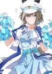  1girl animal_ears belt blue_belt blue_eyes blue_shirt blue_skirt blush breasts brown_hair cheerleader cheval_grand_(umamusume) closed_mouth commentary_request ear_covers ears_through_headwear flying_sweatdrops genkai_made_pom_pon!! hair_between_eyes hair_ornament hat hat_belt highres holding holding_pom_poms horse_ears horse_girl horse_tail jacket looking_at_viewer medium_breasts multicolored_hair open_clothes open_jacket pandoa_(mikage0495) pom_pom_(cheerleading) shirt short_hair short_sleeves simple_background skirt smile solo streaked_hair sweat tail umamusume white_hair white_hat 