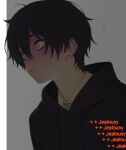  1boy backlighting bags_under_eyes black_hair bright_pupils clown77k collared_shirt commentary dark degrees_of_lewdity distress ears_visible_through_hair english_text foreground_text from_side gameplay_mechanics green_eyes green_necktie grey_background highres hood hood_down hoodie jealous kylar_(degrees_of_lewdity) kylar_(male)_(degrees_of_lewdity) looking_afar looking_ahead male_focus male_yandere messy_hair mole mole_on_neck mole_under_eye mole_under_mouth multiple_moles necktie pale_skin parted_lips partially_shaded_face portrait raised_eyebrows shirt shirt_under_hoodie simple_background solo surprised white_pupils white_shirt wide-eyed yandere 