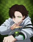  absolute_dc ben_10 ben_tennyson brown_hair clenched_hand commentary dc_comics english_commentary green_background green_eyes hand_up highres hood hoodie number_sign omnitrix pencilkami shared_eye signature smile white_hoodie 