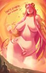  1boy 1girl absurdly_long_hair absurdres aphrodite_(hades) boinboinz breasts completely_nude convenient_hair detached_sleeves english_text giant giantess hades_(series) hades_1 hair_over_breasts hair_over_crotch handjob_gesture heart heart-shaped_hair heart_hair_strand highres huge_breasts laurel_crown long_hair male_masturbation masturbation motion_lines navel nude pink_hair sitting sound_effects stomach very_long_hair 