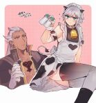  2boys ? absurdres alternate_costume animal_ears ansem_seeker_of_darkness apron arm_garter arm_support back_bow bare_pectorals bell black_coat black_sweater black_thighhighs blue_eyes blush bottle bow coat commentary_request cow_boy cow_ears cow_print_dress cow_tail cowbell crossdressing embarrassed expressionless frilled_apron frills gloves grey_hair hair_slicked_back hand_up highres holding holding_bottle implied_yaoi kemonomimi_mode kingdom_hearts kingdom_hearts_iii long_hair maid maid_apron maid_headdress male_focus milk_bottle multiple_boys nanase_chiori neck_bell open_clothes open_coat outline pectorals pink_background polka_dot polka_dot_background riku_(kingdom_hearts) sitting sleeveless sleeveless_sweater sweater tail thighhighs toned toned_male translation_request upper_body white_gloves white_outline yellow_eyes 