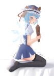  1girl absurdres asymmetrical_legwear black_thighhighs blue_dress blue_eyes blue_hair blue_hat borrowed_clothes cirno commentary cosplay dress feet frilled_hat frills hat highres ice ice_wings kneeling littiecy looking_at_viewer mismatched_legwear open_mouth pinafore_dress puffy_short_sleeves puffy_sleeves rod_of_remorse shiki_eiki shiki_eiki_(cosplay) shirt short_hair short_sleeves signature sleeveless sleeveless_dress solo thighhighs touhou untranslatable_commentary white_shirt white_thighhighs wings 