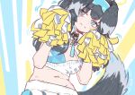  02milos02 1girl absurdres animal_ears black_hair blue_archive blue_eyes blue_sports_bra blush breasts bright_pupils character_name cheerleader cleavage closed_mouth commentary_request cowboy_shot criss-cross_halter detached_collar dog_ears dog_girl dog_tail droopy_ears embarrassed furrowed_brow goggles goggles_on_head halo halterneck hands_up hibiki_(blue_archive) hibiki_(cheer_squad)_(blue_archive) highres holding holding_pom_poms leaning_to_the_side long_hair looking_at_viewer medium_breasts millennium_cheerleader_outfit_(blue_archive) motion_lines name_tag navel official_alternate_costume paw_print pom_pom_(cheerleading) simple_background skirt solo split_mouth sports_bra stomach tail two-tone_sports_bra wavy_mouth white_background white_pupils white_skirt white_sports_bra yellow_halo 