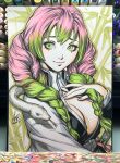 1girl 2020 braid breasts cleavage commentary english_commentary gradient_hair green_eyes green_hair hand_on_own_chest haori highres japanese_clothes kanroji_mitsuri kimetsu_no_yaiba large_breasts looking_at_viewer marker_(medium) mole mole_under_each_eye mole_under_eye multicolored_hair multiple_braids multiple_moles photo_(medium) pink_hair signature simple_background snake solo stanley_lau traditional_media 