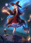  1girl absurdres blue_eyes blush broom cape collared_shirt commentary_request elaina_(majo_no_tabitabi) full_body gold_trim grey_hair gruisin hair_between_eyes hat heart heart_hands highres holding holding_broom holding_wand long_hair looking_at_viewer majo_no_tabitabi night outdoors red_cape shirt sky smile solo star_(sky) starry_sky wand white_shirt witch_hat 