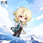  1boy aqua_coat black_pants candy chibi chibi_only chinese_commentary closed_mouth coat colored_tips commentary_request dutch_angle food gloves gradient_clothes gradient_shirt holding holding_candy holding_food logo luuk_herssen_(wuthering_waves) male_focus multicolored_coat multicolored_hair official_art outdoors pants red_eyes shirt sitting smile snowflakes solo standing two-tone_coat white_coat white_gloves wuthering_waves 