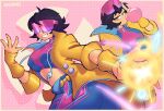  1girl artist_name black_hair blowing_bubble_gum breasts chewing_gum coat commentary grin highres jubilee large_breasts looking_at_viewer marvel marvel_rivals multiple_views pants saguinee short_hair smile superhero_costume x-men yellow_coat yellow_eyes 