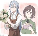  2girls \||/ akni apron banknote black_ribbon blue_eyes blush bob_cut bouquet braid brown_apron brown_eyes brown_hair buttons closed_mouth collared_shirt commentary_request double-parted_bangs fingernails flower grey_hair hair_between_eyes hands_up holding holding_bouquet holding_money holding_wallet korean_commentary kuromi long_hair long_sleeves money multiple_girls my_melody_(series) neck_ribbon ponytail project_sekai ribbon rose sanrio shinonome_ena shirt short_hair sidelocks single_braid twitter_username wallet white_flower white_rose white_shirt wing_collar yoisaki_kanade 