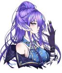  1girl black_jacket blue_shirt breasts closed_mouth collared_jacket commentary detached_collar english_commentary haanariia jacket large_breasts long_hair looking_at_viewer nijisanji nijisanji_en official_alternate_costume ponytail purple_eyes purple_hair selen_tatsuki selen_tatsuki_(military) shirt very_long_hair virtual_youtuber white_background 