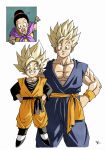  1girl 2boys black_hair black_undershirt blonde_hair blue_dougi brothers chi-chi_(dragon_ball) closed_mouth collarbone commentary_request dougi dragon_ball dragon_ball_z green_eyes grin hair_bun hands_on_own_hips highres kakeru_(dbskakeru) looking_at_viewer mother_and_child mother_and_son multiple_boys muscular muscular_male open_mouth orange_dougi parent_and_child pectorals siblings signature simple_background smile son_gohan son_goten spiked_hair straight-on super_saiyan super_saiyan_1 white_background wristband 