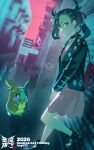  1girl alley asymmetrical_bangs black_boots black_choker black_hair black_jacket boots choker closed_mouth demonqz7 dress green_eyes hair_ribbon highres jacket jewelry looking_at_viewer marnie_(pokemon) morpeko morpeko_(full) open_clothes pink_dress pokemon pokemon_(creature) pokemon_sword_and_shield red_ribbon ribbon twintails undercut 