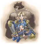  1boy 2girls :d adventurer_(ff11) armor bad_id blonde_hair blue_eyes blue_hair brown_mittens commentary_request curtained_hair dated_commentary elf elvaan final_fantasy final_fantasy_xi fingerless_gloves galka gloves greaves grey_gloves hand_on_another's_head knee_armor looking_back mittens mole mole_under_eye multiple_girls open_mouth pointy_ears ponytail short_hair sitting sitting_on_lap sitting_on_person smile tarutaru tomotsuka_haruomi vambraces 