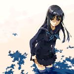  black_eyes black_hair blue_neckwear cowboy_shot ie_(mochi) long_hair long_sleeves lowres navy_blue_serafuku oekaki original outdoors pleated_skirt real_life_insert school_uniform skirt skirt_hold smile solo standing thighhighs wading water 