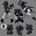  1girl :3 animal_ears backpack bag baseball_cap belt black_boots black_hair black_hat black_jacket black_shorts boots buckle cat_ears cat_tail colored_skin combat_knife commentary cropped_jacket cropped_torso ears_through_headwear english_commentary goggles goggles_on_headwear grey_background gun h&amp;k_mp5k handgun hat headset highres holding holding_gun holding_knife holding_weapon jacket knife legs_apart mr_plagu3 navel night_vision_device one_eye_closed open_mouth original ponytail pouch radio_antenna short_shorts shorts simple_background solo speech_bubble submachine_gun tactical_clothes tail thought_bubble twitter_username weapon white_skin zipper_pull_tab 