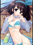  areolae bikini black_hair blue_eyes blush bottle breasts cleavage front-tie_top hair_ribbon hairband highres long_hair long_sleeves lying open_clothes open_shirt original ribbon shirt side-tie_bikini small_breasts solo striped striped_bikini swimsuit untied urotan wet wet_clothes 