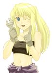  ;d adjustable_wrench bandeau black_tubetop blonde_hair blue_eyes blush clothes_around_waist fullmetal_alchemist gloves holding_wrench index_finger_raised long_hair looking_at_viewer lowres midriff navel one_eye_closed open_mouth ponytail sakaki_kuuya simple_background smile solo strapless tubetop white_background winry_rockbell wrench 