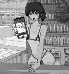  1girl bar_(place) beach_umbrella bikini body_freckles cellphone chair coffee_maker crying crying_with_eyes_open dripping_eye flat_chest freckles greyscale highres holding holding_phone jimiko long_hair lounge_chair micro_bikini monochrome open_mouth original phone ponytail roxy_(tinstop_88) shoulder_freckles skinny smartphone swimsuit tan tanlines tears tinstop_88 umbrella 