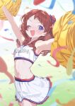 1girl :d ;d absurdres alternate_costume armpits bare_arms blue_eyes breasts brown_hair cheerleader commentary_request confetti gakuen_idolmaster hanami_saki highres holding holding_pom_poms idolmaster miniskirt navel one_eye_closed open_mouth outdoors pleated_skirt pom_pom_(cheerleading) skirt small_breasts smile solo sports_bra stomach streamers white_skirt white_sports_bra yuusuke_(yyy_xp) 