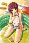  akamaru barefoot bikini brown_hair copyright_request covered_nipples flat_chest food green_eyes highres nipples popsicle rubber_duck see-through solo striped swimsuit tankini wet 
