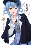  1girl absurdres bird_hat_ornament black_bow black_bowtie black_capelet black_hat blue_hair blue_necktie blue_skirt bow bowtie braid braided_hair_rings capelet collared_shirt contrast_collar deerstalker grey_vest hair_bow hair_rings hand_on_own_chin hat hat_bow highres layered_skirt long_sleeves looking_at_viewer mahou_shoujo_no_majo_saiban necktie open_mouth oshioki_machine plaid_clothes plaid_skirt shirt short_hair simple_background skirt solo speech_bubble star_(symbol) tachibana_sherry translation_request upper_body vest white_background white_shirt wings yellow_eyes 