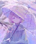  1girl branch cherry_blossoms closed_mouth commentary highres holding holding_umbrella looking_at_viewer original outdoors pink_hair pixel_art purple_eyes solo spring_(season) transparent transparent_umbrella umbrella untranslatable_commentary upper_body yuki_(yuki_1231_13) 