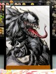  1boy bodysuit commentary dated english_commentary highres inktober long_tongue male_focus marker_(medium) marvel monster_boy muscular muscular_male parasite photo_(medium) sharp_teeth signature simple_background solo spider-man_(series) stanley_lau symbiote teeth tongue traditional_media upper_body venom_(marvel) very_long_tongue 
