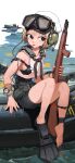  1girl absurdres ankle_strap bandaid bandaid_on_face bandaid_on_nose barefoot battle_rifle belt black_shorts blonde_hair blue_eyes boat bra_strap bracelet breasts buoy commentary_request crop_top diving diving_mask diving_mask_on_head flippers goggles goggles_on_head gun headphones headset highres holding holding_gun holding_weapon inflatable_boat jewelry knees_up korean_commentary m14 microphone military neckerchief ocean on_boat original outdoors rifle rifleman1130 sailor_collar short_hair shorts sideboob sitting sleeveless small_breasts solo submarine sweat tongue tongue_out utility_belt water watercraft weapon 