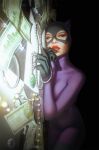  1girl banknote batman_(series) black_gloves bodysuit catwoman dc_comics diamond_(gemstone) gloves green_eyes highres jewelry looking_at_viewer money necklace pearl_necklace purple_bodysuit red_lips scott_forbes selina_kyle solo unworn_jewelry 