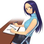  a1 bare_arms bare_shoulders blue_eyes blue_hair blush chair desk folding_chair idolmaster idolmaster_(classic) idolmaster_1 long_hair looking_at_viewer miura_azusa notebook pen sleeveless sleeveless_turtleneck solo turtleneck v white_background 