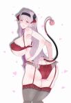  1girl absurdres ass ass_focus black_hairband black_thighhighs blush bow breasts bright_pupils demon_girl demon_horns demon_tail frills from_behind garter_belt garter_straps hair_bow hair_intakes hairband heart highres horns huge_breasts kanan-sama_wa_akumade_choroi lillum lingerie long_hair looking_at_viewer mature_female naughty_face osage_gankyou pink_hair pointy_ears raised_eyebrows red_horns red_trim see-through_clothes sidelocks simple_background smile tail thick_thighs thighhighs thighs tongue tongue_out underwear white_background wide_hips 