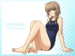  barefoot blush braid brown_eyes brown_hair character_name copyright_name feet kimi_kiss masakichi_(crossroad) mizusawa_mao one-piece_swimsuit school_swimsuit smile solo swimsuit twin_braids 