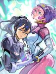 2girls absurdres amate_yuzuriha arched_back beanie between_breasts black_hair breasts commentary dated gloves gundam gundam_gquuuuuux hat head_between_breasts highres holding_hands long_hair mecha_pilot_suit multiple_girls normal_suit_(gundam) nyaan_(gundam_gquuuuuux) okrdisk2000 ponytail red_hair short_hair white_gloves yellow_eyes yuri zeon 