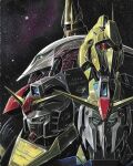  1980s_(style) aeug cable glint green_eyes gundam gundam_mk_ii hyaku_shiki magazine_scan mecha mecha_focus mobile_suit nebula neo_zeon no_humans official_art one-eyed_mecha ookawara_kunio painting_(medium) poster_(medium) promotional_art qubeley radio_antenna realistic red_eyes retro_artstyle robot roundel scan science_fiction space star_(sky) the_o_(mobile_suit) titans_(gundam) traditional_media v-fin zeta_gundam zeta_gundam_(mobile_suit) 