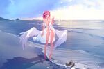  1girl absurdres barefoot beach bikini breasts chinese_commentary chongchongbao_mushi cleavage commentary_request highres large_breasts looking_at_viewer md5_mismatch medium_hair midriff ocean pink_hair pointy_ears purple_eyes remielle_dan sand sandals sky smile solo swimsuit unworn_sandals v white_bikini white_wings wings zenless_zone_zero 