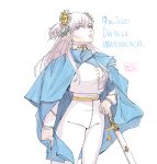  absurdres argentina cape check_translation commentary_request hair_between_eyes hair_ornament highres kuraikabe5211 laurel_crown military_dress_uniform military_uniform original saber_(weapon) signature simple_background spanish_text sun sun_with_face sword translated translation_request weapon white_hair 