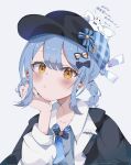  1girl artist_collaboration bird_hat_ornament black_bow black_bowtie black_capelet black_hat blue_hair blue_necktie bow bowtie braid braided_hair_rings capelet closed_mouth collared_shirt deerstalker grey_vest hair_bow hair_rings hat hat_bow head_on_hand highres inoh_isolok long_sleeves looking_at_viewer mahou_shoujo_no_majo_saiban mihoyo necktie noakawaii_220 portrait shiosato_22 shirt short_hair simple_background tachibana_sherry vest white_background white_shirt yellow_eyes 