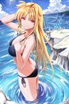  1girl arm_behind_head ass bare_arms bare_shoulders bikini black_bikini blonde_hair blue_sky breasts butt_crack cleavage closed_mouth cloud day diffraction_spikes fate_testarossa from_side hair_tuft hand_on_own_chest highres horizon large_breasts lens_flare long_hair long_sidelocks looking_at_viewer lyrical_nanoha mahou_shoujo_lyrical_nanoha_strikers ocean outdoors parted_bangs red_eyes ripples rock shore side-tie_bikini_bottom sidelocks sky smile solo sougetsu_izuki splashing sun_glare swimsuit upper_body very_long_hair wading water water_drop waves wet 