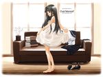  aida_yuu angelica_(gunslinger_girl) barefoot black_eyes black_hair book_stack club_maniax couch gunslinger_girl long_hair nightgown plant potted_plant school_uniform see-through serafuku shoes_removed smile solo undressing wallpaper window 