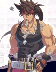  1boy averting_eyes banknote belt belt_buckle black_belt black_gloves black_tank_top brown_hair buckle commentary_request fingerless_gloves gloves guilty_gear guilty_gear_strive hair_between_eyes hand_on_own_hip headband long_hair looking_down male_focus money money_in_mouth muscular muscular_male ponytail sol_badguy solo spiked_hair squiggle tank_top tometo_pot tucked_money veins veiny_arms 