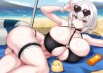  1girl adjusting_eyewear armpits ass azur_lane baby_animal beach beach_mat bikini bird black_bikini breasts chick cleavage closed_mouth collarbone commentary eyewear_on_head frilled_thigh_strap hair_between_eyes heart heart-shaped_eyewear highres huge_breasts innertube looking_at_viewer lotion_bottle lying manjuu_(azur_lane) o-ring o-ring_bikini o-ring_top ocean official_alternate_costume on_side red-framed_eyewear red_eyes sand scrunchie seinz0 short_hair sirius_(azur_lane) sirius_(scorching-hot_seirios)_(azur_lane) solo sunglasses swim_ring swimsuit thigh_strap veins veiny_breasts white_hair white_scrunchie wrist_scrunchie 