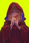  1girl apple blonde_hair blood blood_on_face blue_eyes braid bujianxishou cloak command_spell commentary eating fate/strange_fake fate_(series) food fruit glasses green_background highres holding holding_food holding_fruit hood hood_up hooded_cloak looking_at_viewer medium_hair pointy_ears red_cloak sajou_ayaka_(fate/strange_fake) side_braid solo spoilers straight-on upper_body 