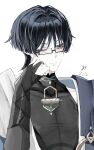  1boy 2026 armor bespectacled bishounen black-framed_eyewear black_bodysuit black_bridal_gauntlets black_hair blue_cape blunt_ends bodysuit bridal_gauntlets cape clenched_hand closed_mouth commentary_request covered_collarbone eyelashes eyeliner fingernails genshin_impact glasses gold gold_ring grey_eyes hair_intakes hand_on_own_cheek hand_on_own_face hand_up highres japanese_armor japanese_clothes jazz_(texf3555) kimono kote kurokote looking_to_the_side makeup male_focus mandarin_collar middle_ring one_eye_closed open_clothes open_kimono pale_skin pectorals portrait rectangular_eyewear red_eyeliner scaramouche_(genshin_impact) semi-rimless_eyewear shoulder_peek side_cape solo toned toned_male tsurime variant_set wanderer_(genshin_impact) white_background white_kimono 