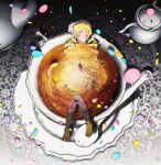  1girl beret blonde_hair boots brown_thighhighs closed_eyes closed_mouth commentary confetti cup detached_sleeves doily drill_hair drink facing_viewer film_grain flower from_above hair_flower hair_ornament hairclip hat highres in_container in_cup lace long_hair magical_girl mahou_shoujo_madoka_magica mahou_shoujo_madoka_magica_(anime) mini_person minigirl na_dara neck_ribbon partially_submerged plate puffy_sleeves reclining ribbon saucer shirt skirt smile solo spoon striped_clothes striped_thighhighs tea tea_set teacup teapot teaspoon thighhighs tomoe_mami tomoe_mami_(magical_girl) twin_drills untranslatable_commentary vertical-striped_clothes vertical-striped_thighhighs white_shirt yellow_ribbon 